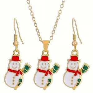 3 pcs. Gold CHRISTMAS Snowman Jewelry Set Necklace Earrings